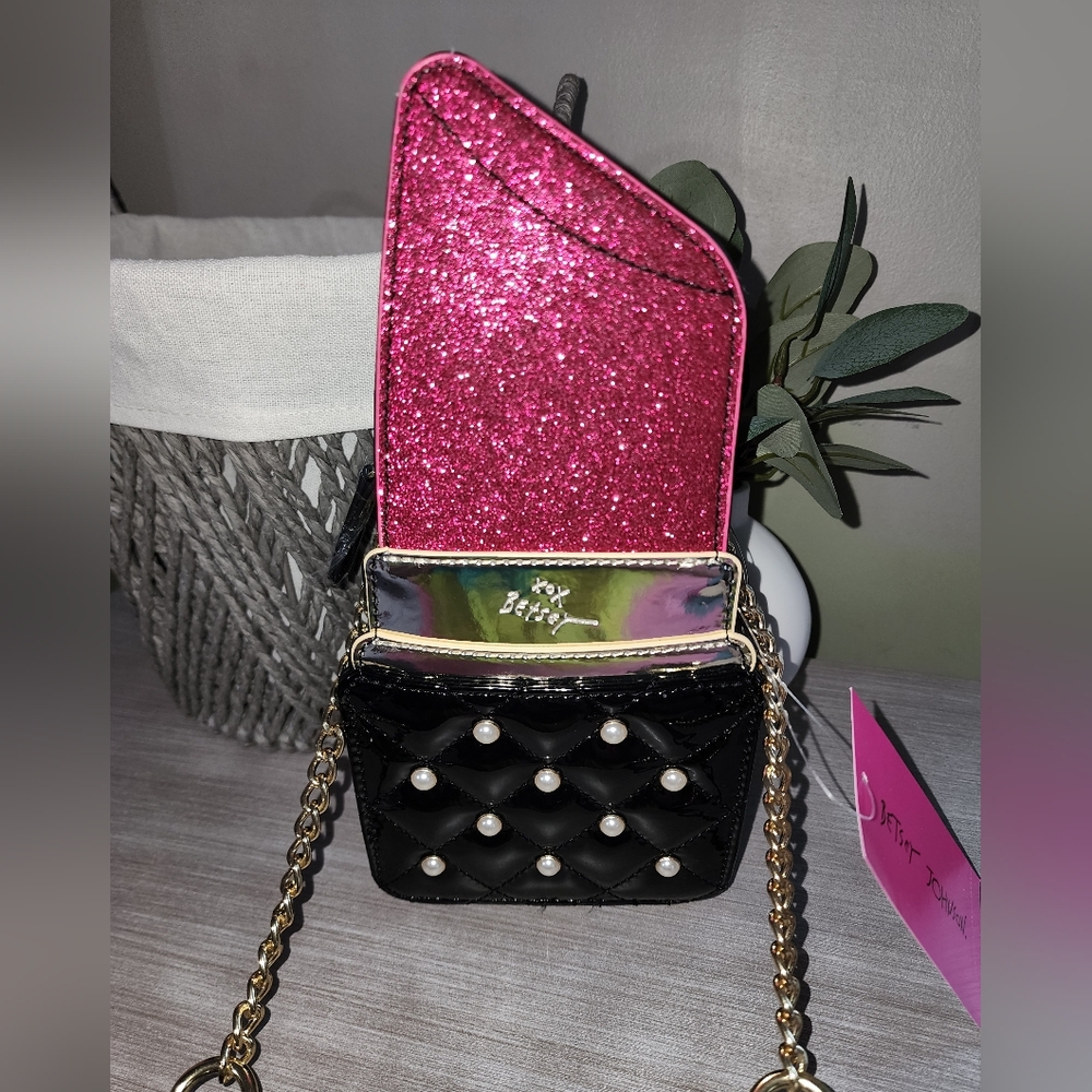 Betsey Johnson Lipstick Glitter Crossbody Bag